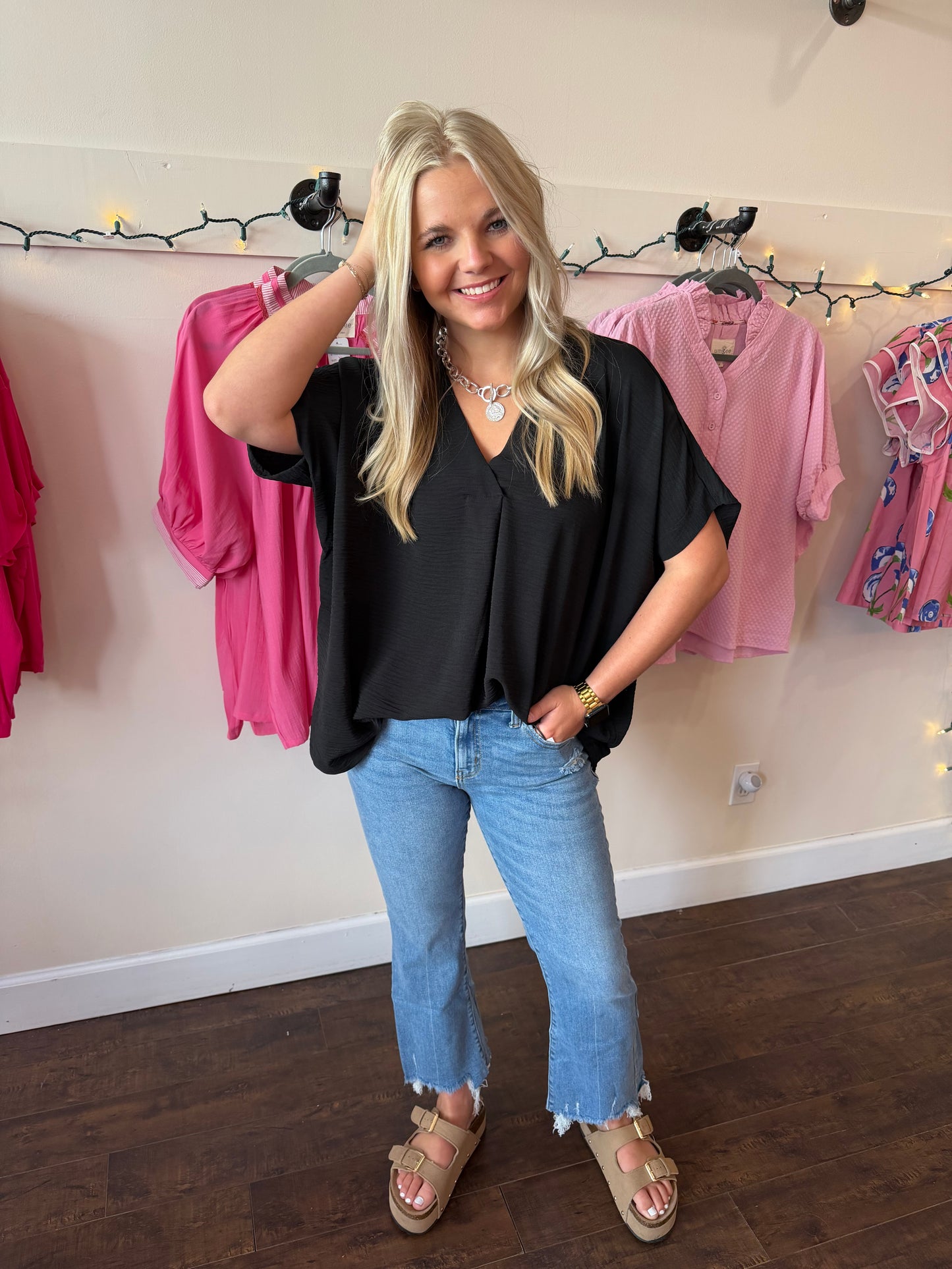 Black Collared V-Neck Top