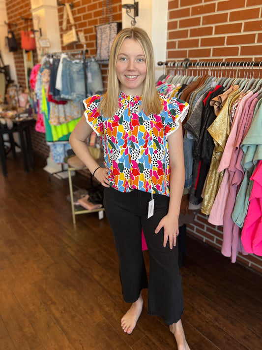 Print Ruffle Sleeve Top