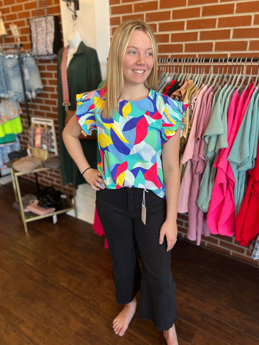 Colorful Abstract Ruffle Sleeve Top
