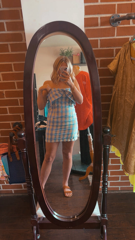 Blue and White Checkered Strapless Dress