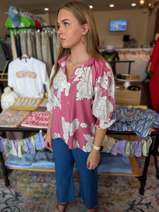 Peony Print Collared Top