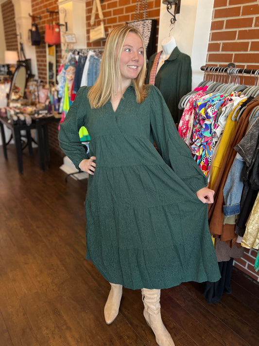 Green Long Sleeve Midi Dress