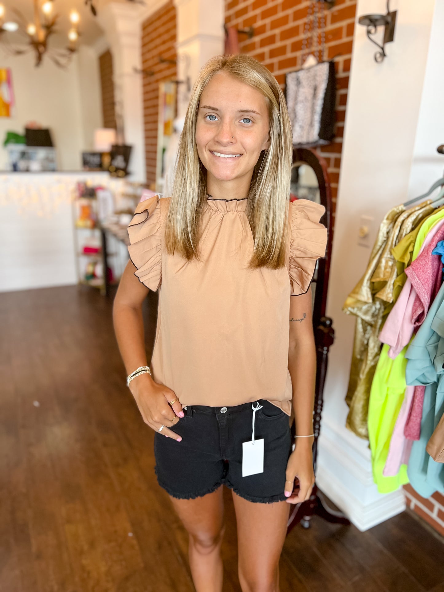 Brown Black Trim Ruffle Top