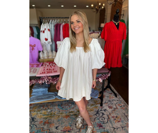 White Bubble Sleeve Dress