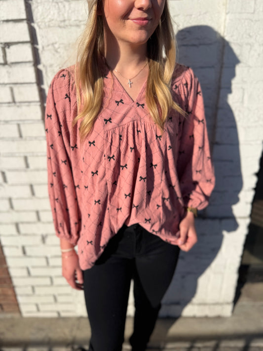 Dusty Pink Bow Corduroy Top