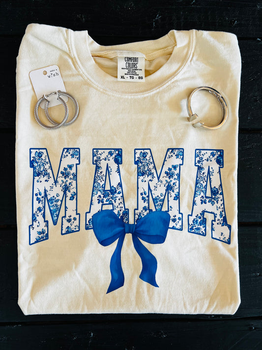 White and Blue Bow Mama Comfort Colors Tee