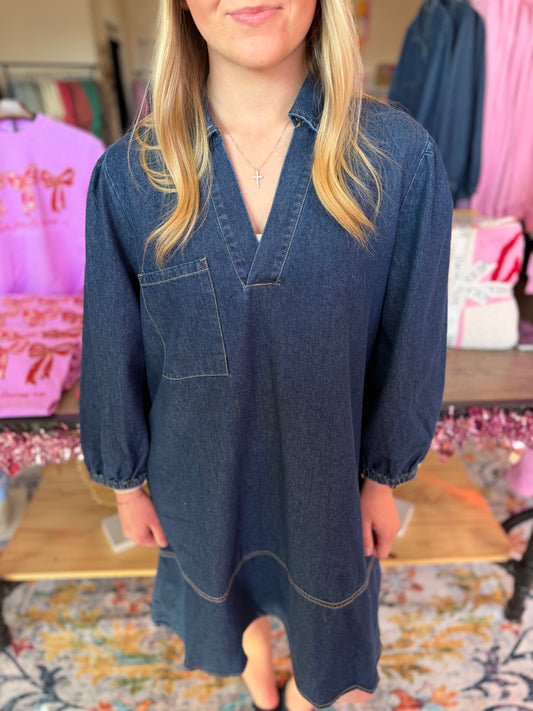 Collared V Neck Dark Denim Dress