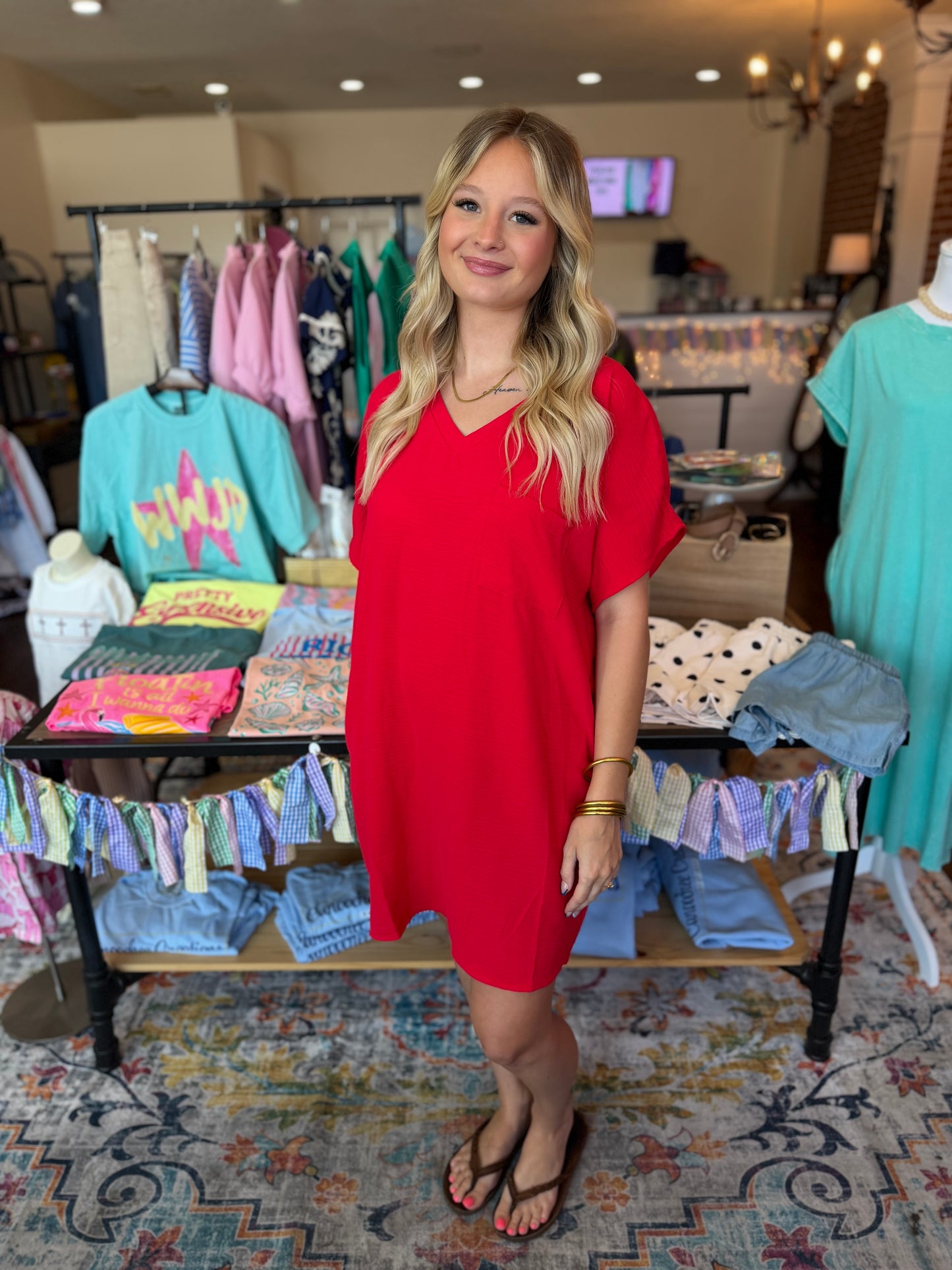 Red V Neck Dress