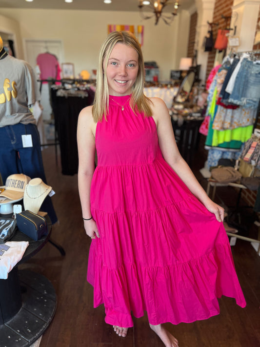 Tiered Pink Midi Dress