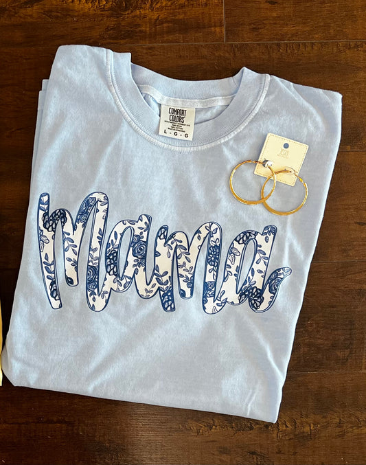 Blue and White Mama Comfort Colors Tee