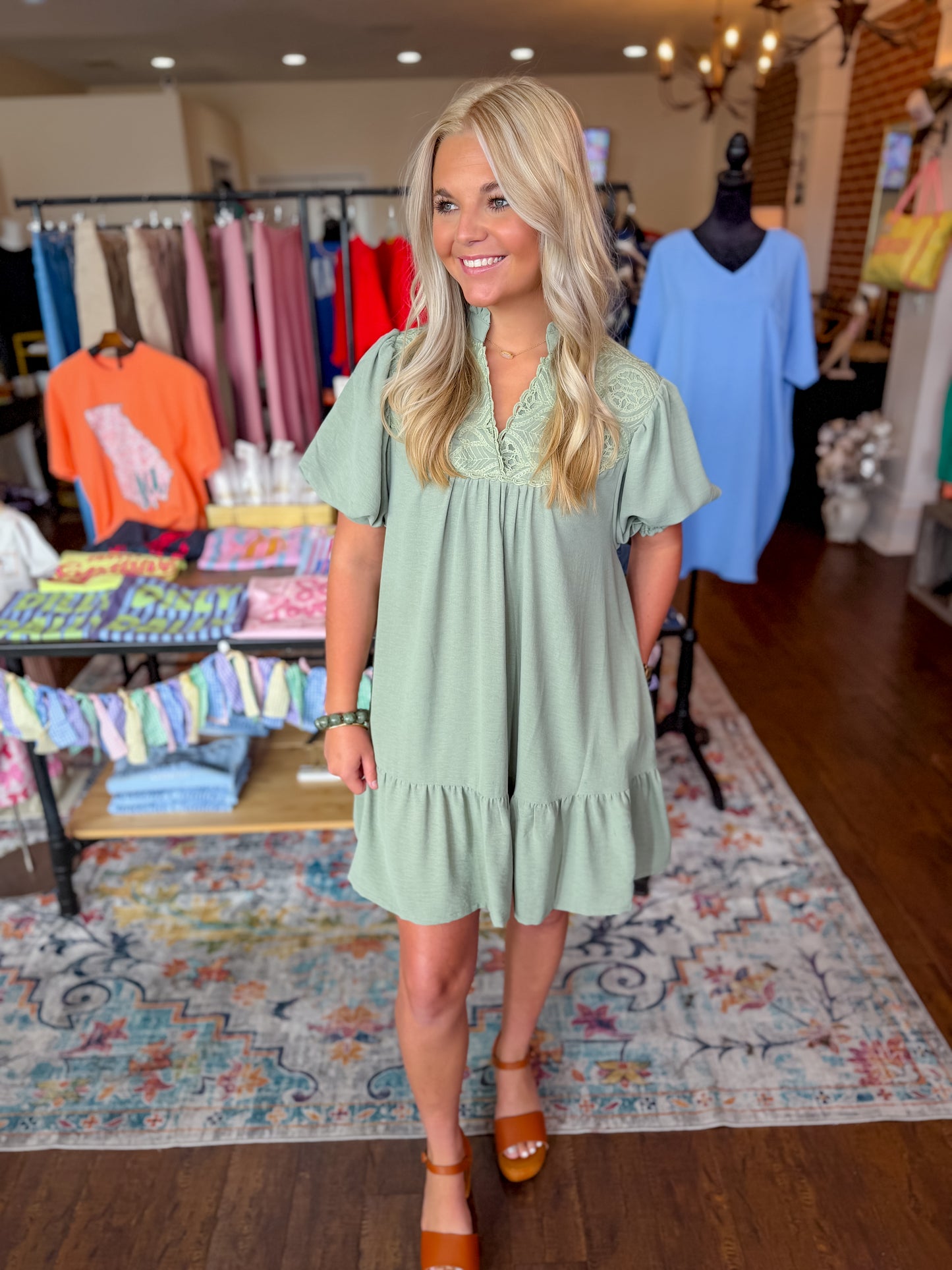 Lace Tiered Sage Mini Dress