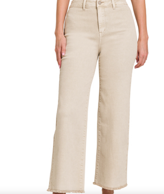 Sand Beige Frayed Hem Jeans