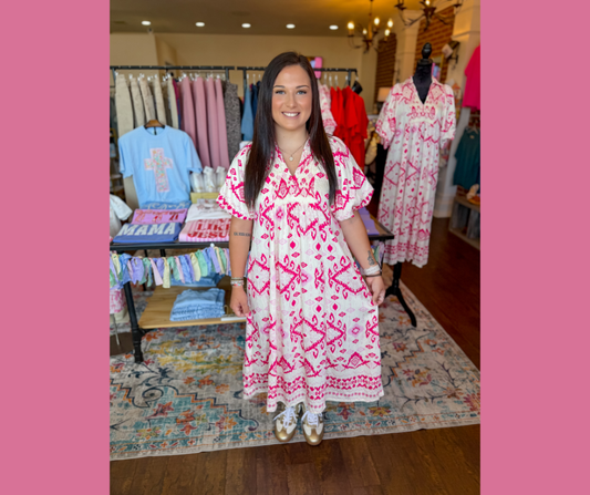 White & Pink Print Midi Dress