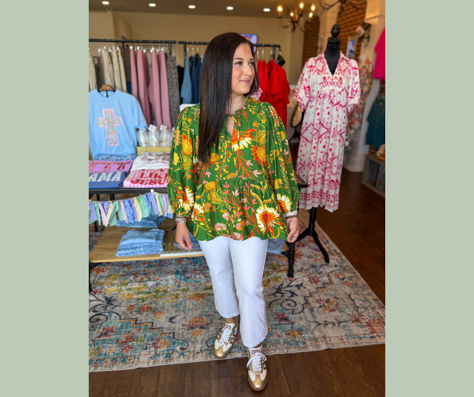 Green Spring Print Long Sleeve Top
